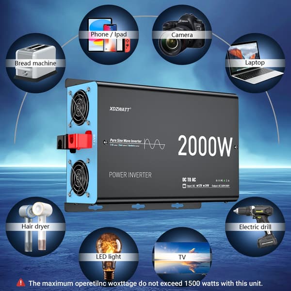Strömväxlare, Pålitlig 2000W, LCD-display,12V 2000W (4000W Peak)