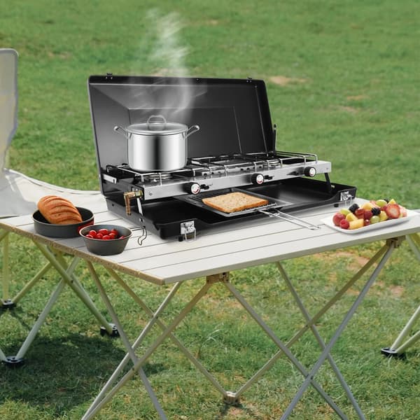 Campingkomfur, 3 Brændere, Sammenklappeligt Design,sort