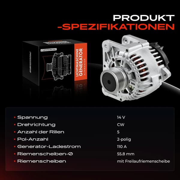 Generator, Spänning 14V, Laddström 110A, Remskivans Diameter 55,8mm, Antal Spår 5, Direkt Montering