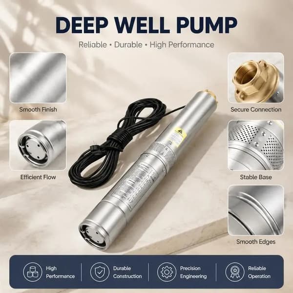 Djupbrunnspump, 105L/min Flöde, IP68 Skydd, Silver