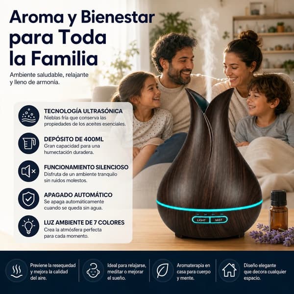 Aroma Diffuser, Ultrasonisk Teknologi, 7-Farvet LED Lys,Sort 9*15 400ml