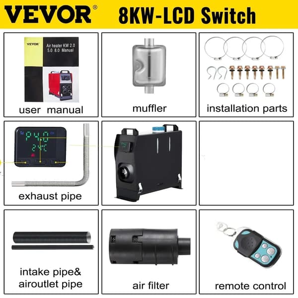 Diesel Luftvarmer, 8KW Effekt, Designet til Diesel Køretøjer,8KW LCD Switch Sort