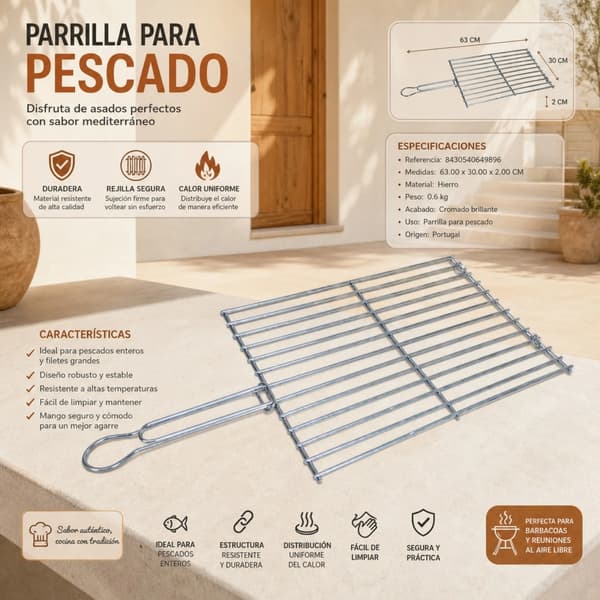 Grill til ristning, holdbart metal, ergonomisk design,63x 30x 2cm.