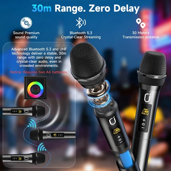 Karaoke Maskine, Bærbar med Trådløse Mikrofoner, Bluetooth Forbindelse,sort