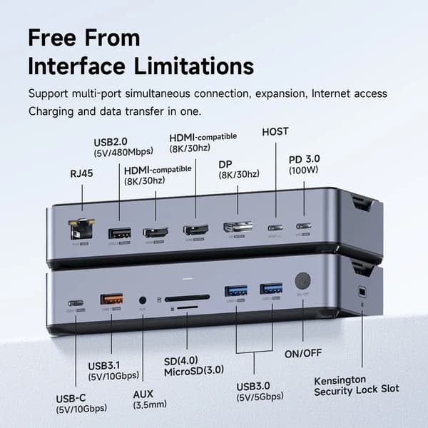 Dockingstation, 8K Multi-display Support, Højhastighedsdataoverførsel,Mørk Grå