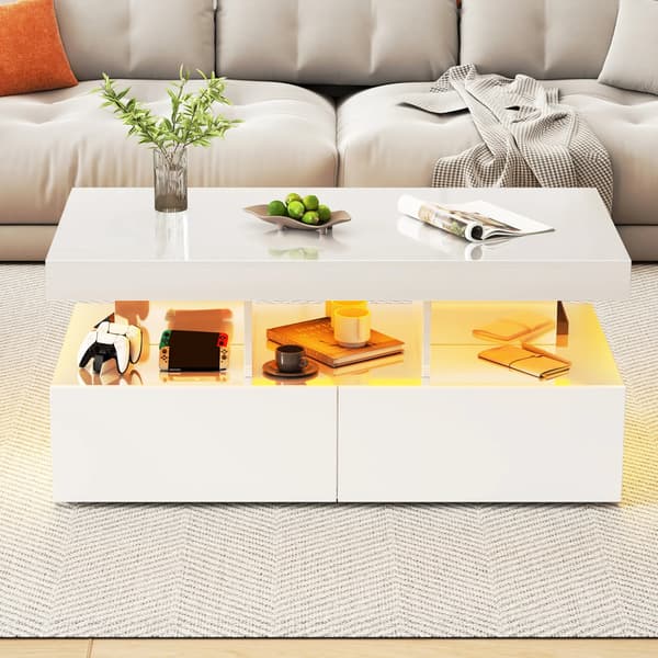 Cafébord, LED-belysning, 2 skuffer,Hvid