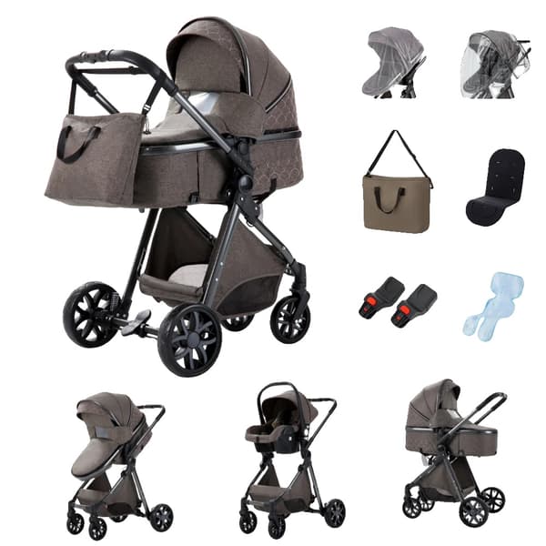Barnvagn, Multifunktionell 3-i-1, Fällbar Design,V9 CHOKLAD