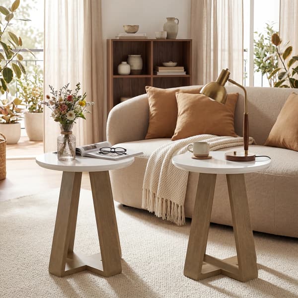 Rund Sidobord, Modern Design, Lätt Montering,Vit och Brun