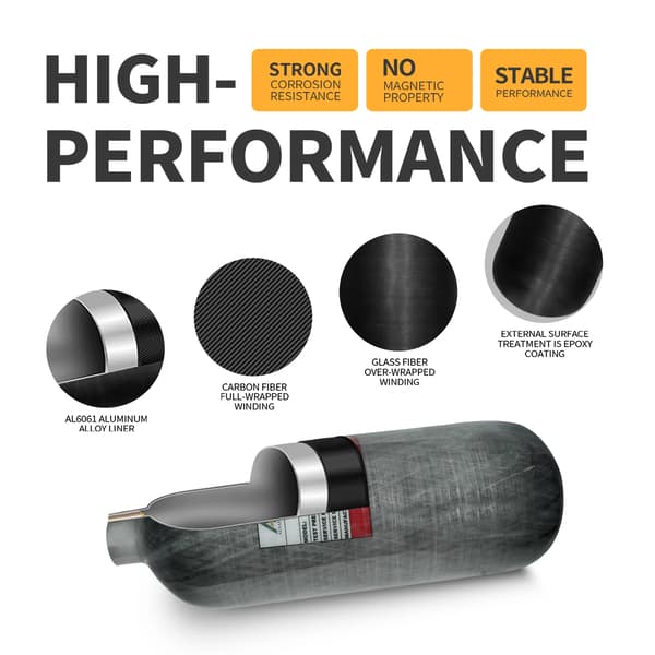 Högtryckstank, 2L kapacitet, kolfiber- och aluminiumkonstruktion,2L