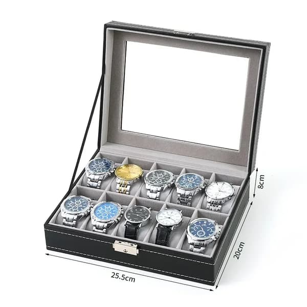 Urkasse, Læderlook Materiale, Glas Top Vitrine,Sort 10 solts