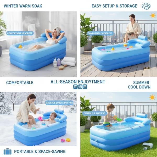Oppustelig Badekar, Ergonomisk Rygstøtte, Bærbart Design,Blå