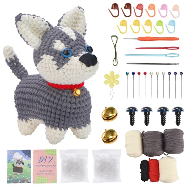 Hund Virkningskit, Stickningsstartkit, Steg-för-steg Videotutorials,Husky
