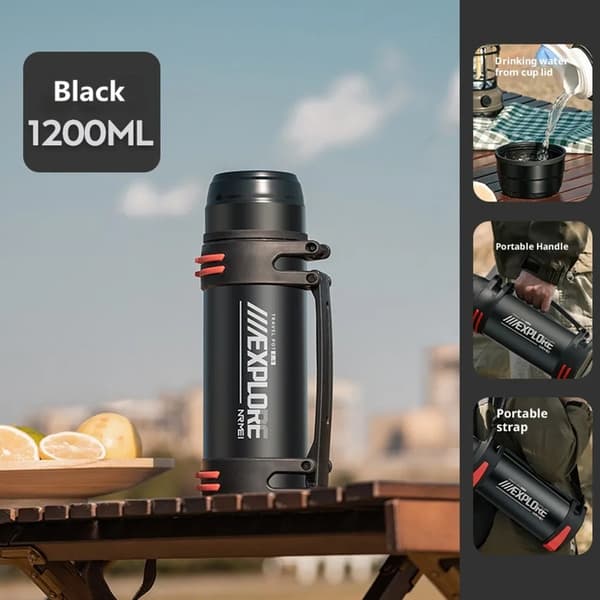 Termosflaska, Vakuumisolering, Bärbar Design,1200ml-a, svart