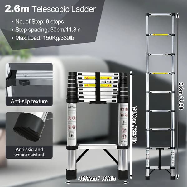 Teleskopstige, Holdbart Rustfrit Stål, Én-Knap Sammenklappeligt Design,2.6m Ingen Krog