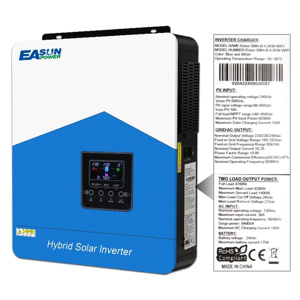 Solcellsinverterladdare, Nominell effekt 4200W, Maximal PV-array effekt 6200W, Laddström 120A, MPPT spänningsområde 60-450VDC