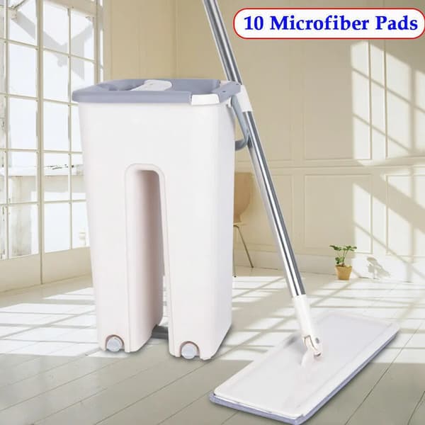 Flat Mop Set, Hållbara Mikrofiberpaddar, 360° Rotation,VIT