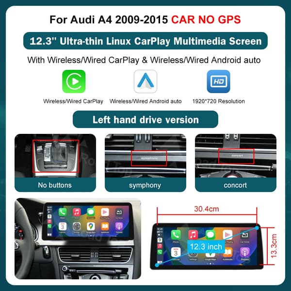 Auton multimedia-näyttö, langaton CarPlay, Android Auto,12.3 LHD AUTO EI GPS