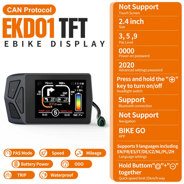 Ebike Display, 2,4" TFT Skærm, IP67 Vandtæt,For CAN-protokol