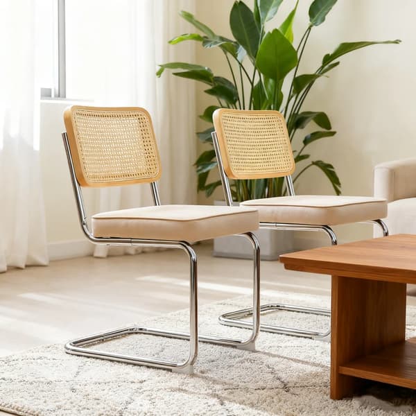 Spisestole, Velour og Rattan Design, Metalramme,Beige