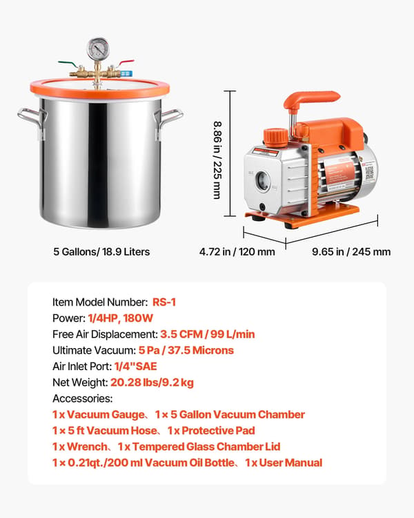 Vakuumkammer, 3,5 CFM Pumpe, Holdbart Rustfrit Stål,5 Gallon, EU
