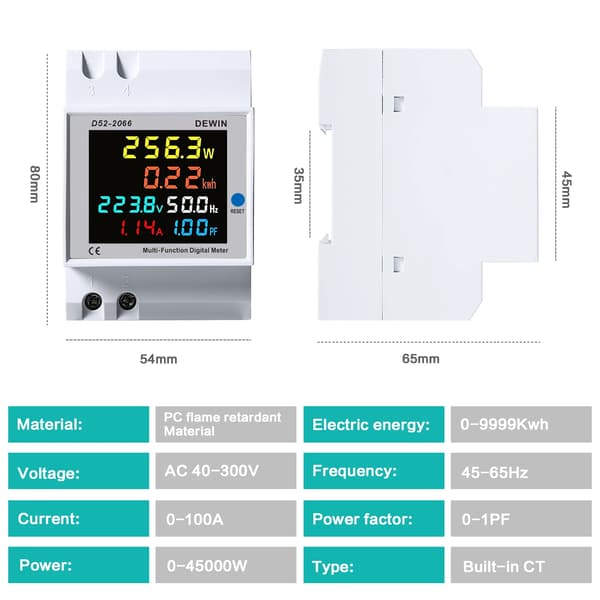 Elektrisk energimåler, LCD-display, indbygget strømtransformator,AC 40V-300V