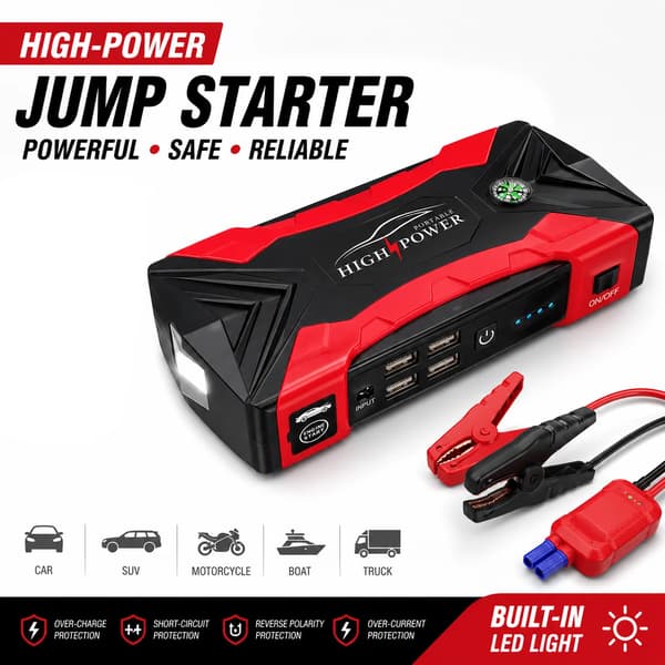 Jump Starter, 1000A Peak Power, Bærbar Power Bank,sort