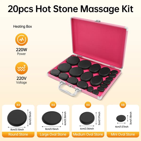 Hot Stone Terapi Sæt, 20 Naturlige Basalt Sten, Inkluderer Varmer,Sort