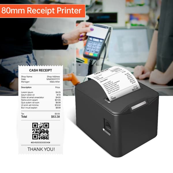 Termisk kvitteringsprinter, højhastigheds direkte termisk print, USB- og LAN-forbindelse,sort, EU stik