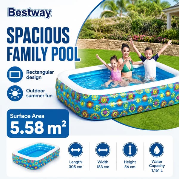 Uppblåsbar Familjebassäng, Rektangulär Design, Hållbart Material,Blå