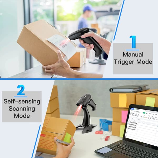Stregkodescanner, Trådløs og USB-forbindelse, Ergonomisk design,2.4G trådløs scanner