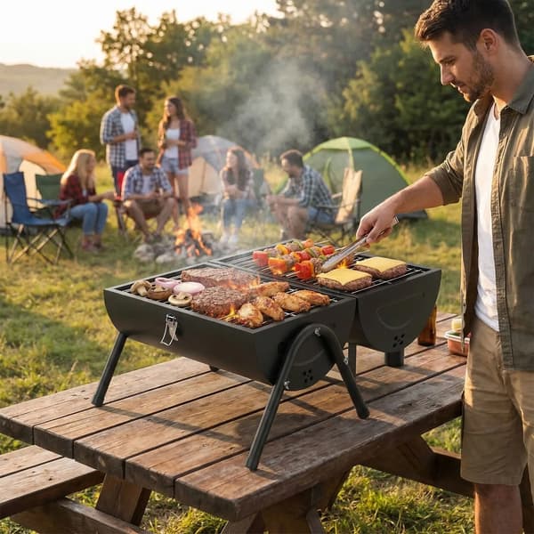 Kolgrill, Bärbar Design, Dubbel-Sidig Matlagning,svart