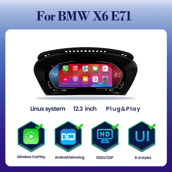 Trådlös CarPlay, Digital instrumentkluster, Kompatibel med X6 E71, Android spegling, X6 E71
