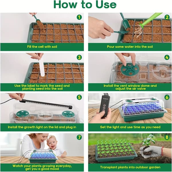 Frøspiringsbakke, 160 celler, højkuppeldesign, 8 LED vækstlys, smart timer, plastmateriale