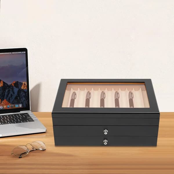 Pen Organizer, Træ Display Case, Tre Lags Opbevaring,sort