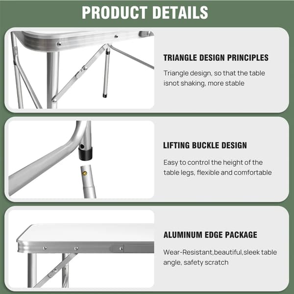 Foldbart Campingbord, Justerbar Højde, Bærbart Design,75x55x35/60cm