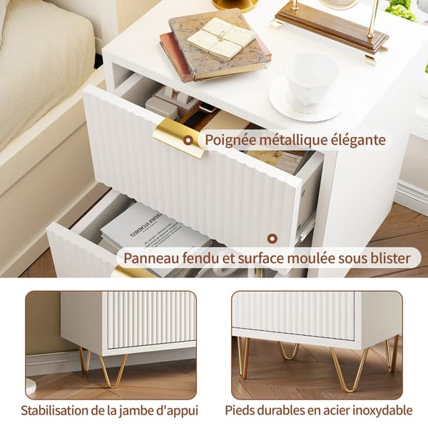 Sengebord, 2 Skuffer, Elegant Design,Hvid