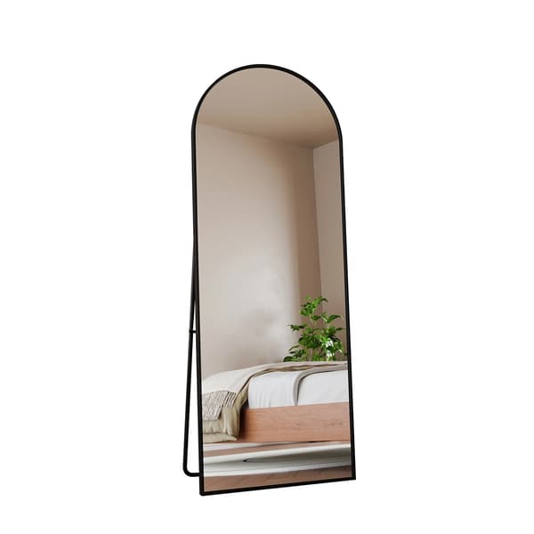 Bueformet Gulv Spejl, Elegant Design, Stående Bekvemmelighed,Sort