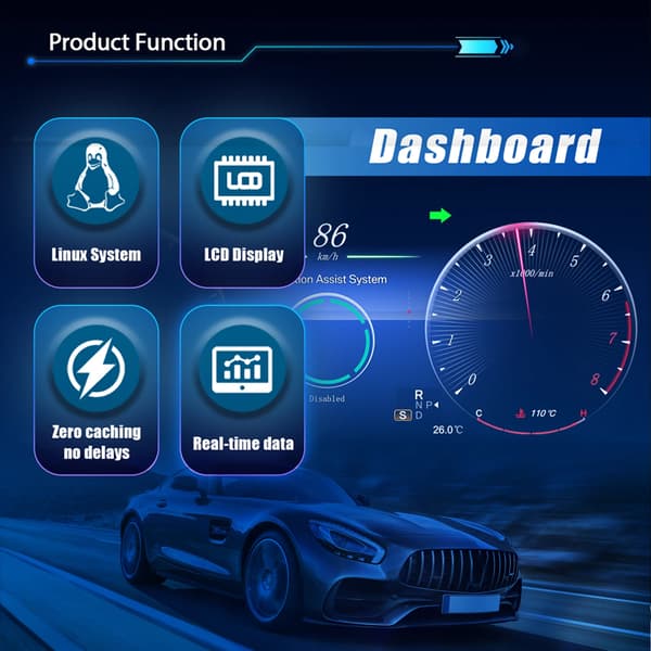 Digitalt Bil Cluster Dashboard, 12,3 tommer Skærm, Flersproget Support,sort