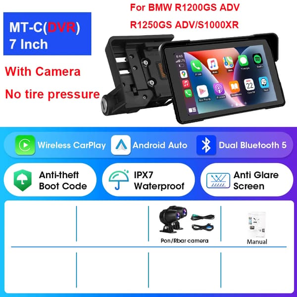 Motorcykel Navigationsskærm, Trådløs CarPlay, Android Auto Support,MT-C DVR