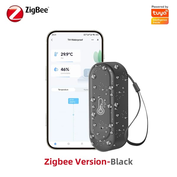 Temperatur Fugtighedssensor, WiFi og Zigbee Kompatibel, IP65 Vandtæt,Sort Zigbee