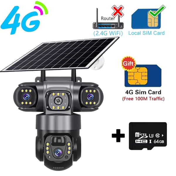Solkamera, Tri-linse kontrol, 4G forbindelse,Solarkamera Tilføj 64GB