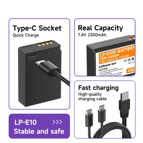 Kamerabatteri, USB-C opladning, 2300mAh kapacitet,2PCS Batteri