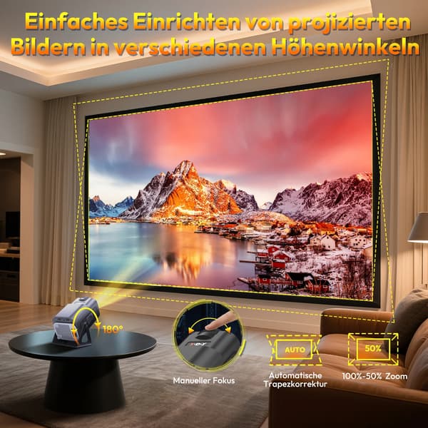 Projektor, 720P opløsning, Wi-Fi 6 og Bluetooth 5.4 forbindelse,350 ANSI