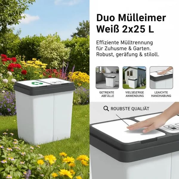 Affaldsbeholder, Dobbelt Kompartment, Holdbart ABS Materiale,Hvid