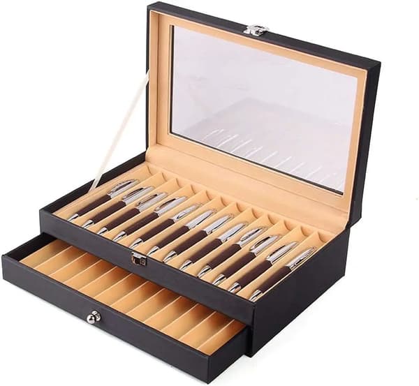 Pen Display Box, 24 Rum, Elegant PU Læder Design,sort