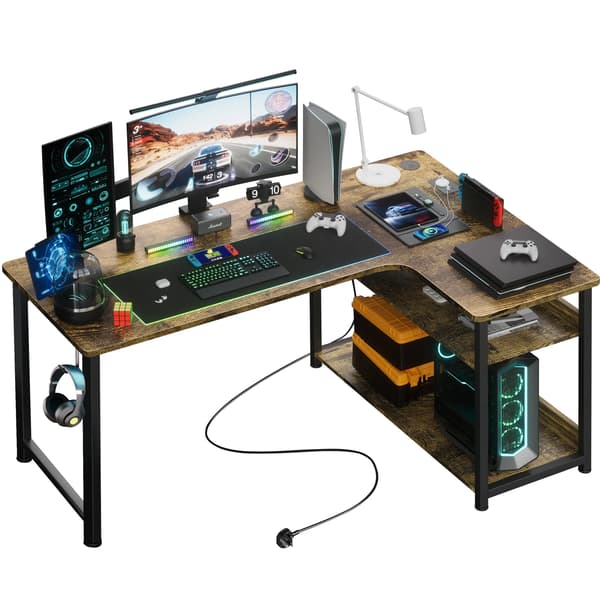 Gamingbord, L-formad design, integrerad USB-laddning, Brun