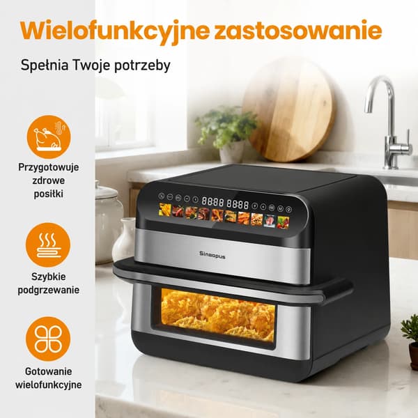 Luftfritös, 10L kapacitet, 2400W effekt, 80-200 °C temperaturintervall, dubbelkorgdesign, LED-display