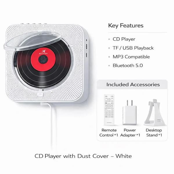 CD-soitin, Bluetooth 5.0, kaukosäädin,valkoinen