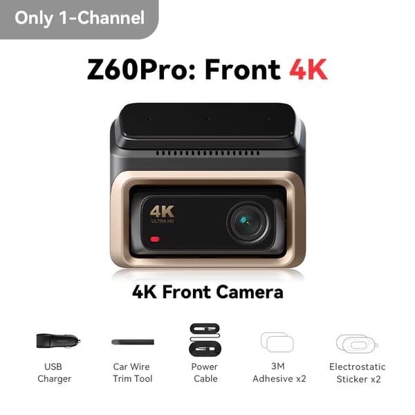Dash Cam, 4K Opløsning, Dual Channel Support,Ingen SD-kort, 1-Kanal
