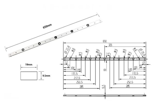 Miterlist, Aluminiumlegering, Justerbar Längd,650mm